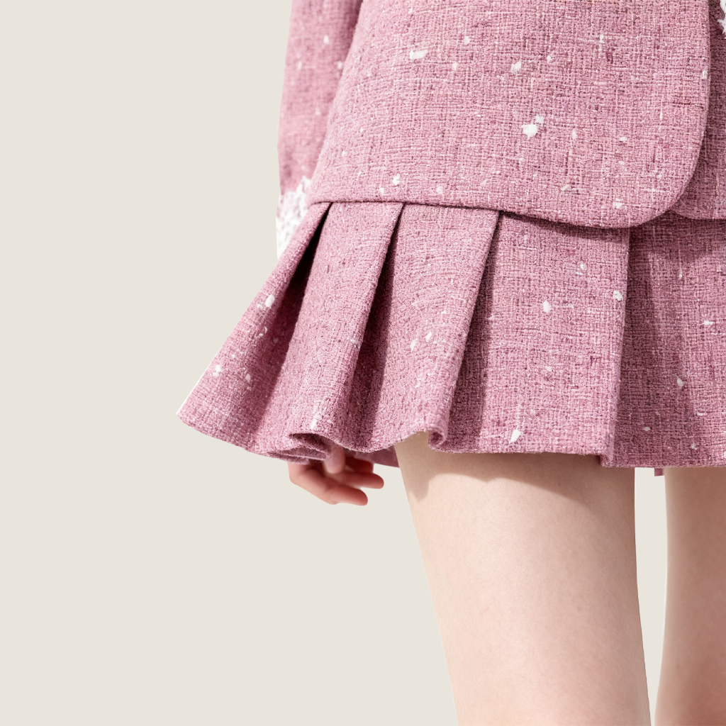Pink Tweed Jacket with Lace Trim and Mini Skirt A10409