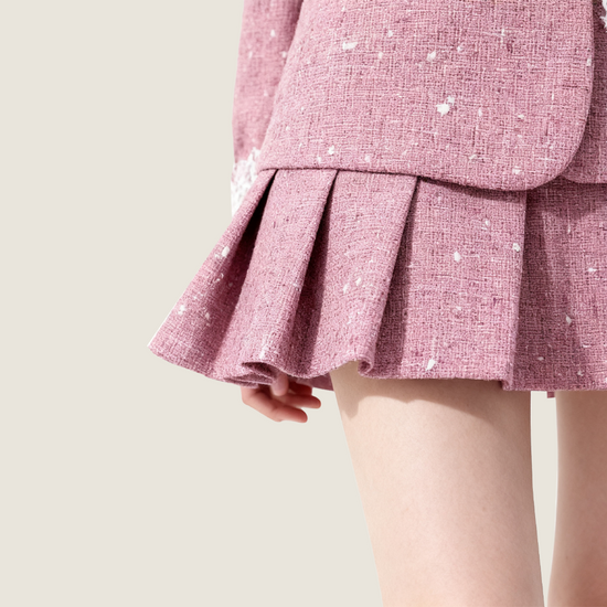 Pink Tweed Jacket with Lace Trim and Mini Skirt A10409