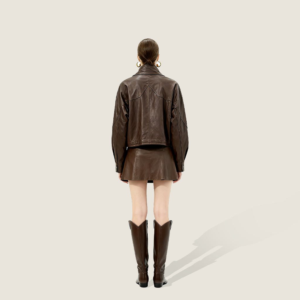 Asymmetric Zip-Collar Lambskin Jacket A10422