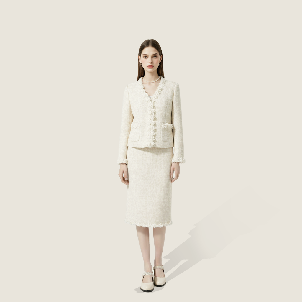 Floral-Trim Tweed Suit Set A10414