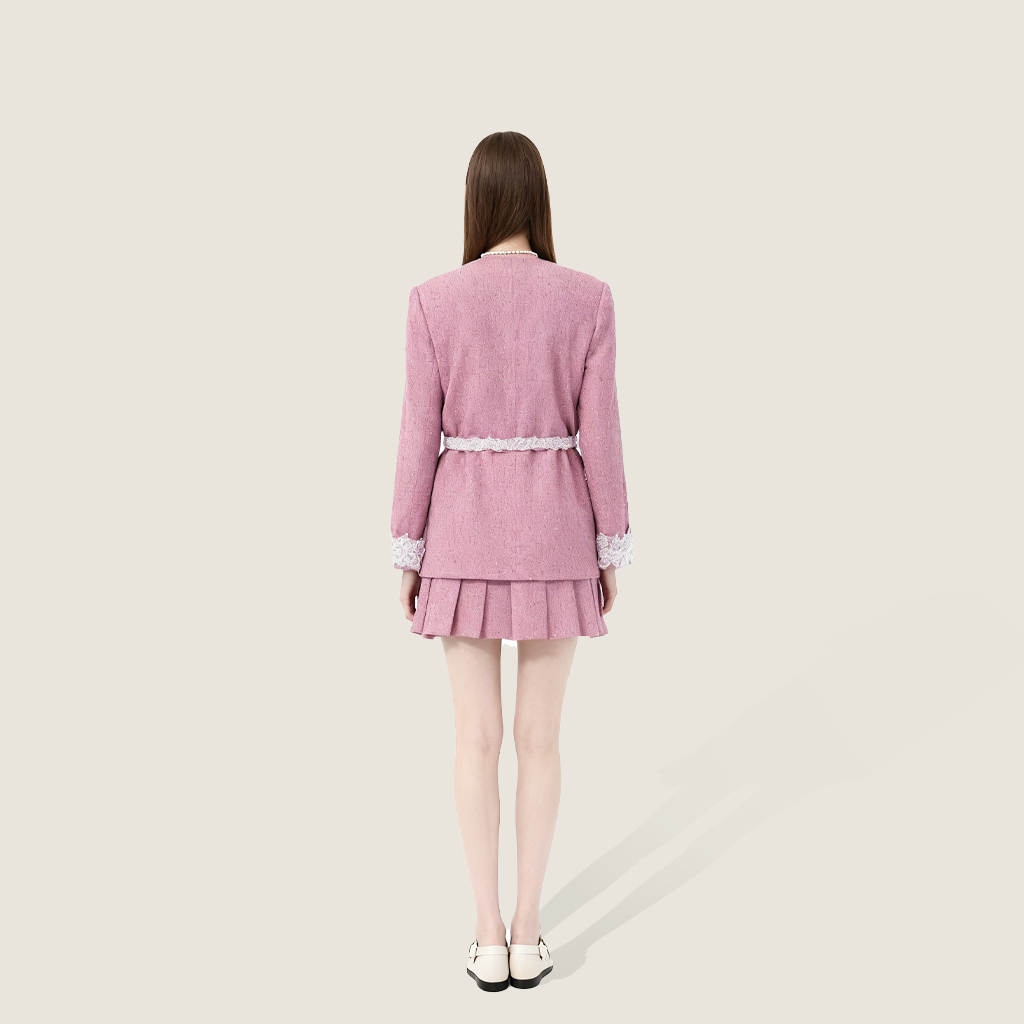 Pink Tweed Jacket with Lace Trim and Mini Skirt A10409