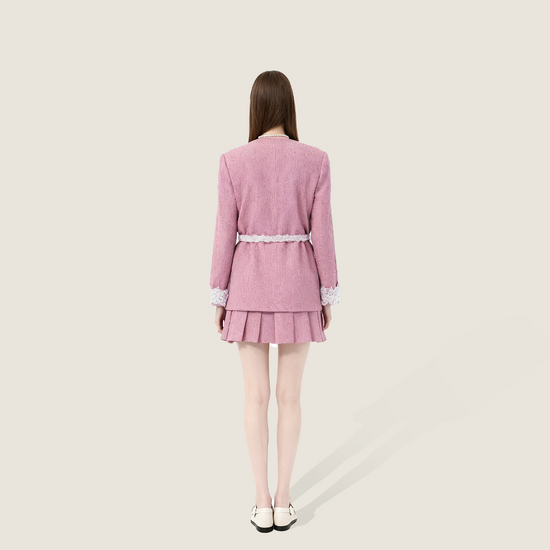 Pink Tweed Jacket with Lace Trim and Mini Skirt A10409