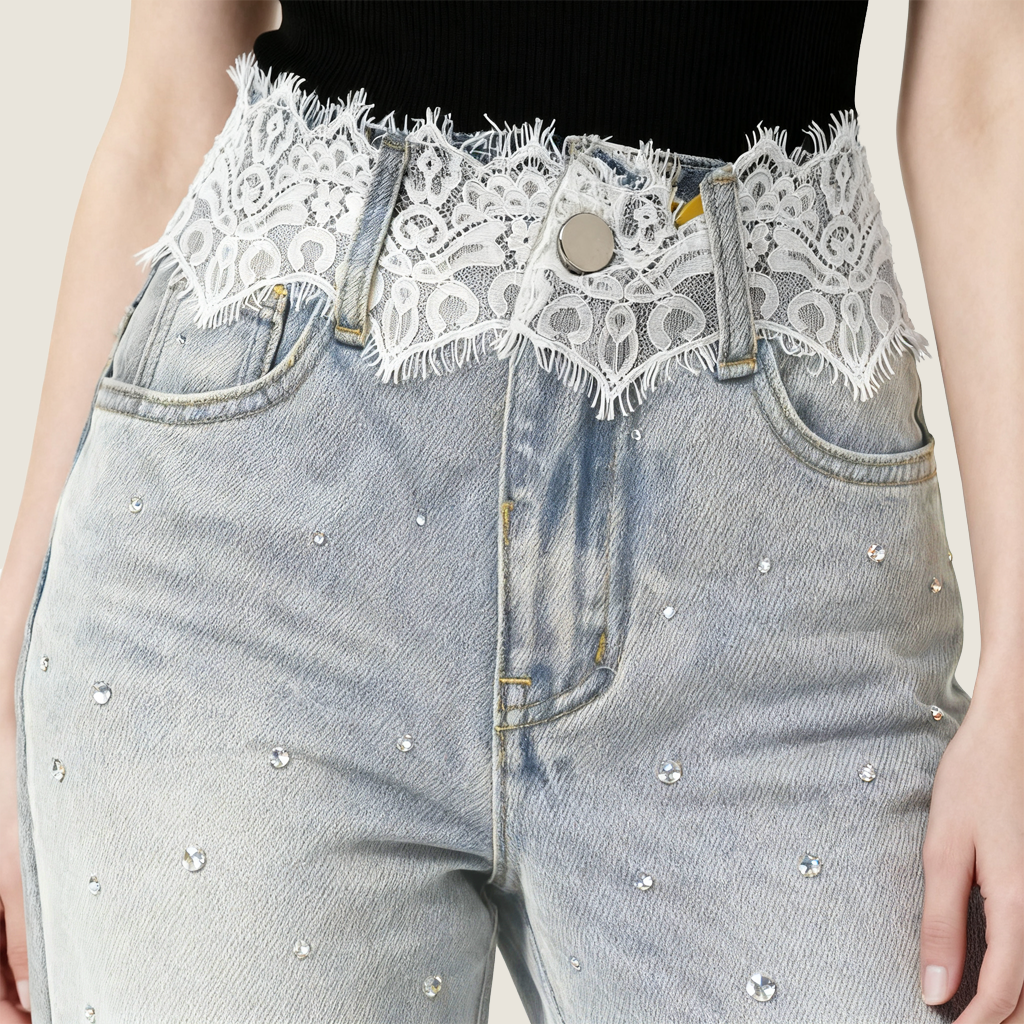 Lace Waistband Flared Jeans A10432