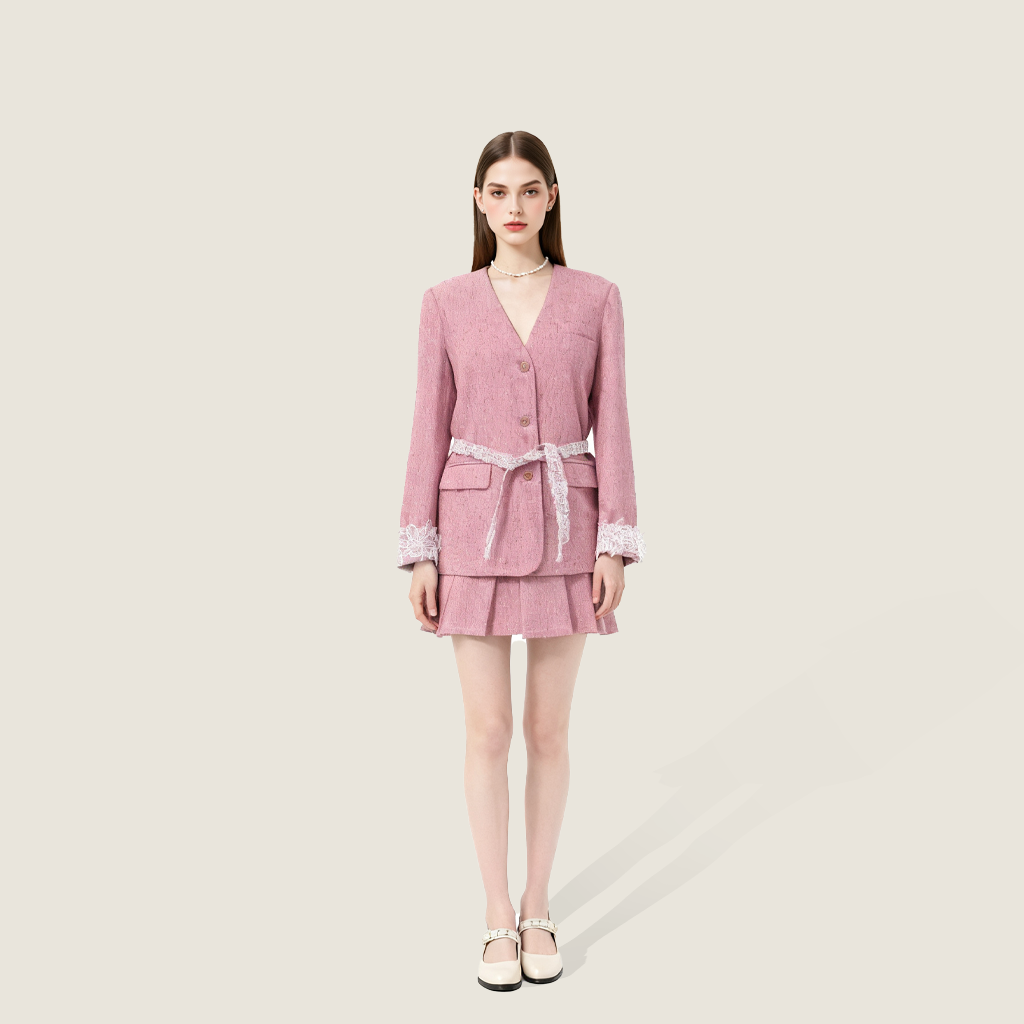 Pink Tweed Jacket with Lace Trim and Mini Skirt A10409