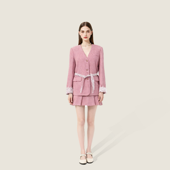 Pink Tweed Jacket with Lace Trim and Mini Skirt A10409