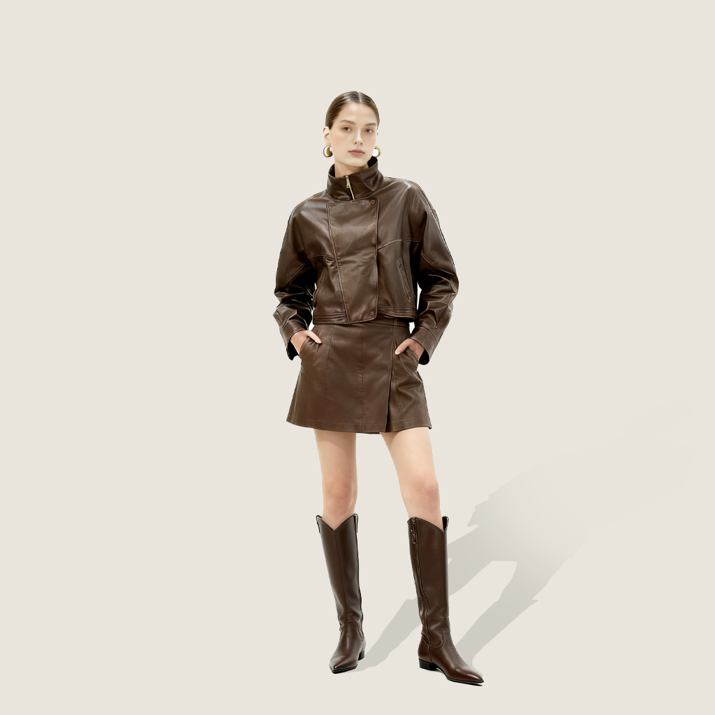 Asymmetric Zip-Collar Lambskin Jacket A10422