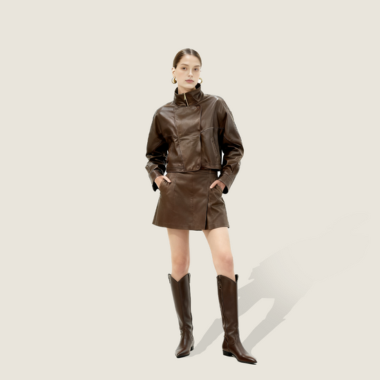 Asymmetric Zip-Collar Lambskin Jacket A10422