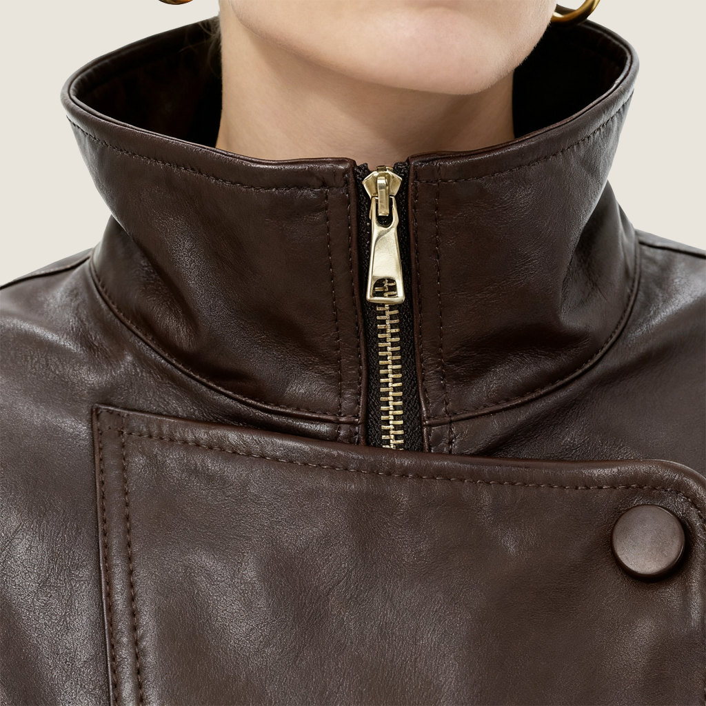 Asymmetric Zip-Collar Lambskin Jacket A10422