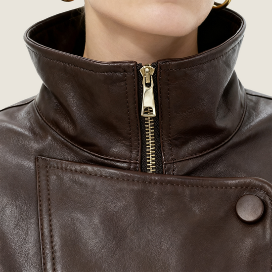 Asymmetric Zip-Collar Lambskin Jacket A10422