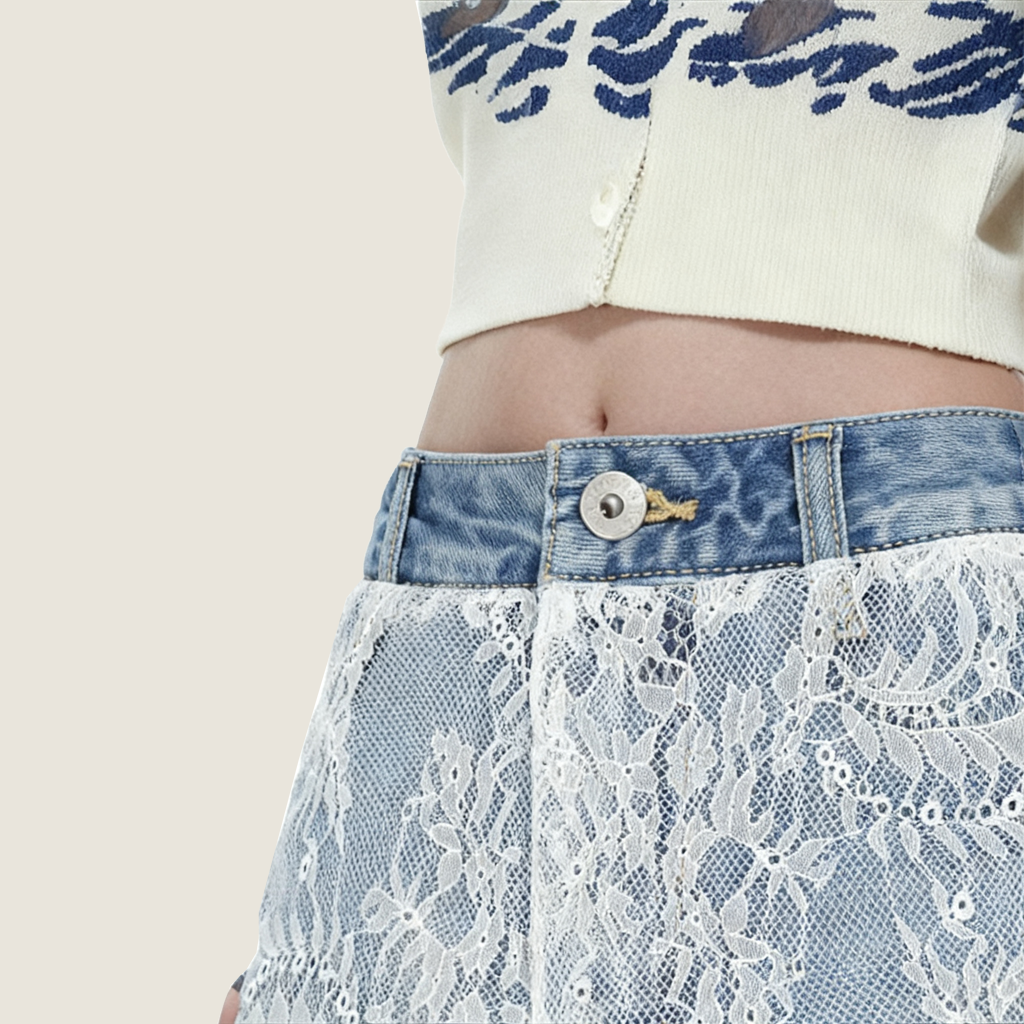 Women's Embroidered Lace Trim A-Line Denim Mini Skirt High Waist Jean Skirt A10110