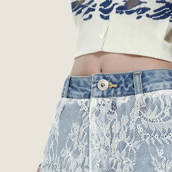 Women's Embroidered Lace Trim A-Line Denim Mini Skirt High Waist Jean Skirt A10110