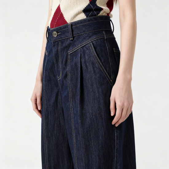 Women's Denim High Waisted Wide-Leg Pants with Belt A10290