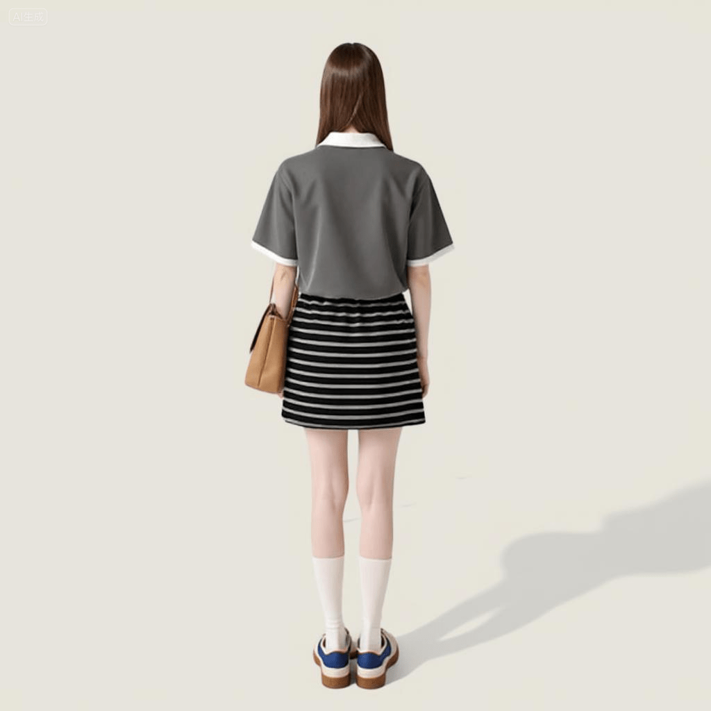 [M31N] Black elastic waist skirt, striped, casual, with drawstring, for women 10056 - M31N