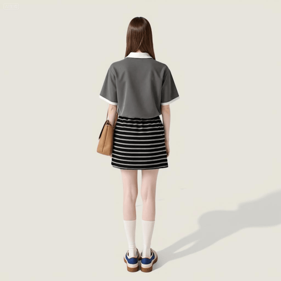 [M31N] Black elastic waist skirt, striped, casual, with drawstring, for women 10056 - M31N