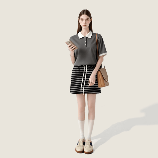 [M31N] Black elastic waist skirt, striped, casual, with drawstring, for women 10056 - M31N