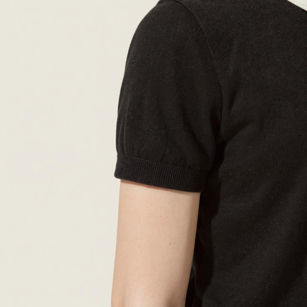 Women's Black Cropped Polo Sweater with White Collar and Fox Embroidery-Trendy Casual Knit Top A10049