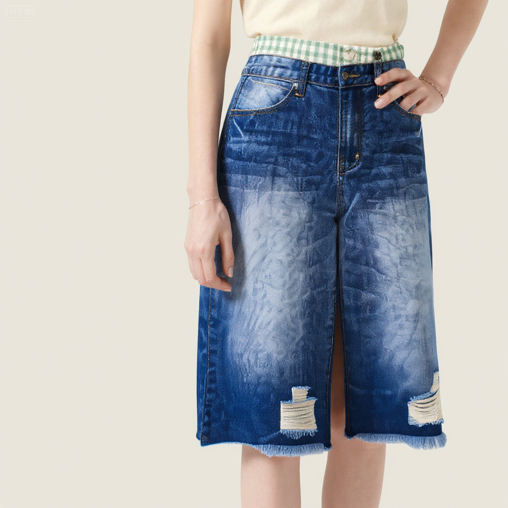 Women's Washed Cropped Pants with Plaid Patchwork Waist Casual Edgy Style A10167