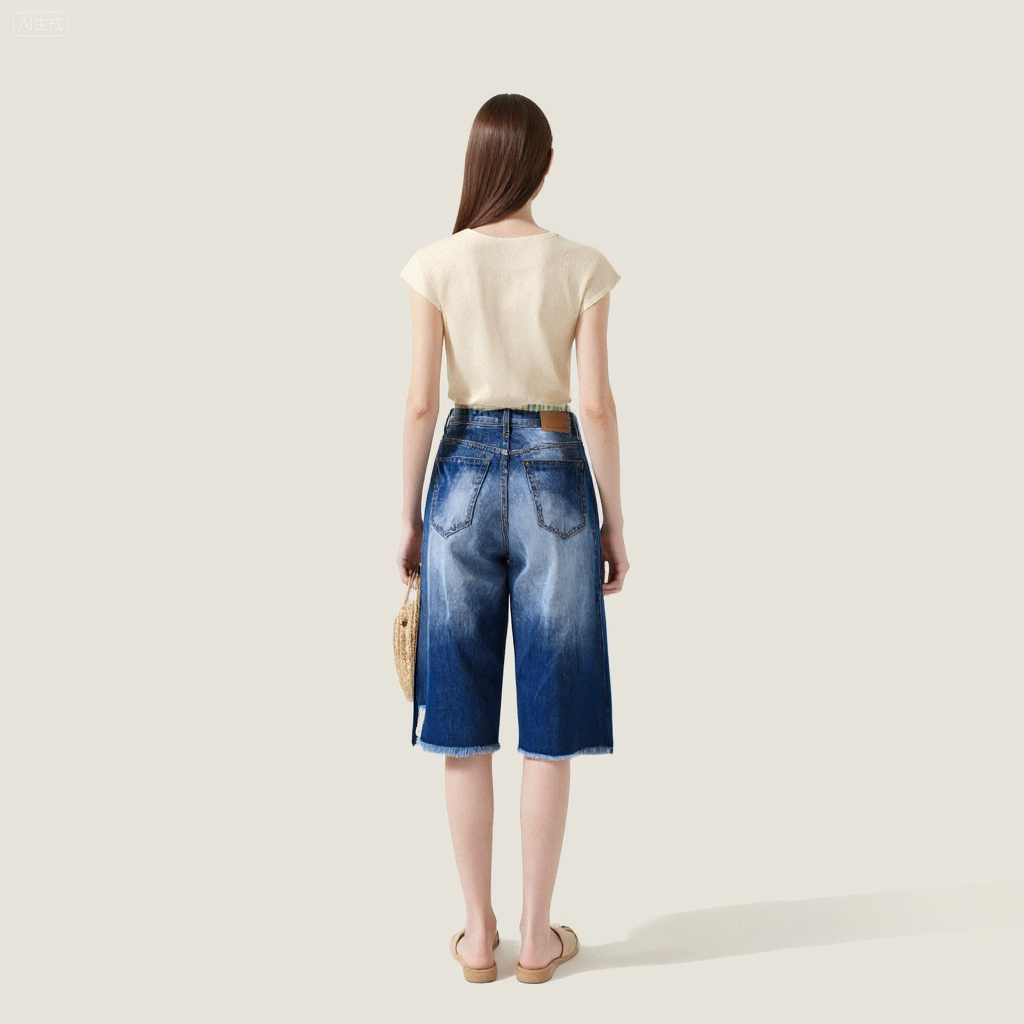 Women's Washed Cropped Pants with Plaid Patchwork Waist Casual Edgy Style A10167