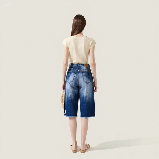 Women's Washed Cropped Pants with Plaid Patchwork Waist Casual Edgy Style A10167