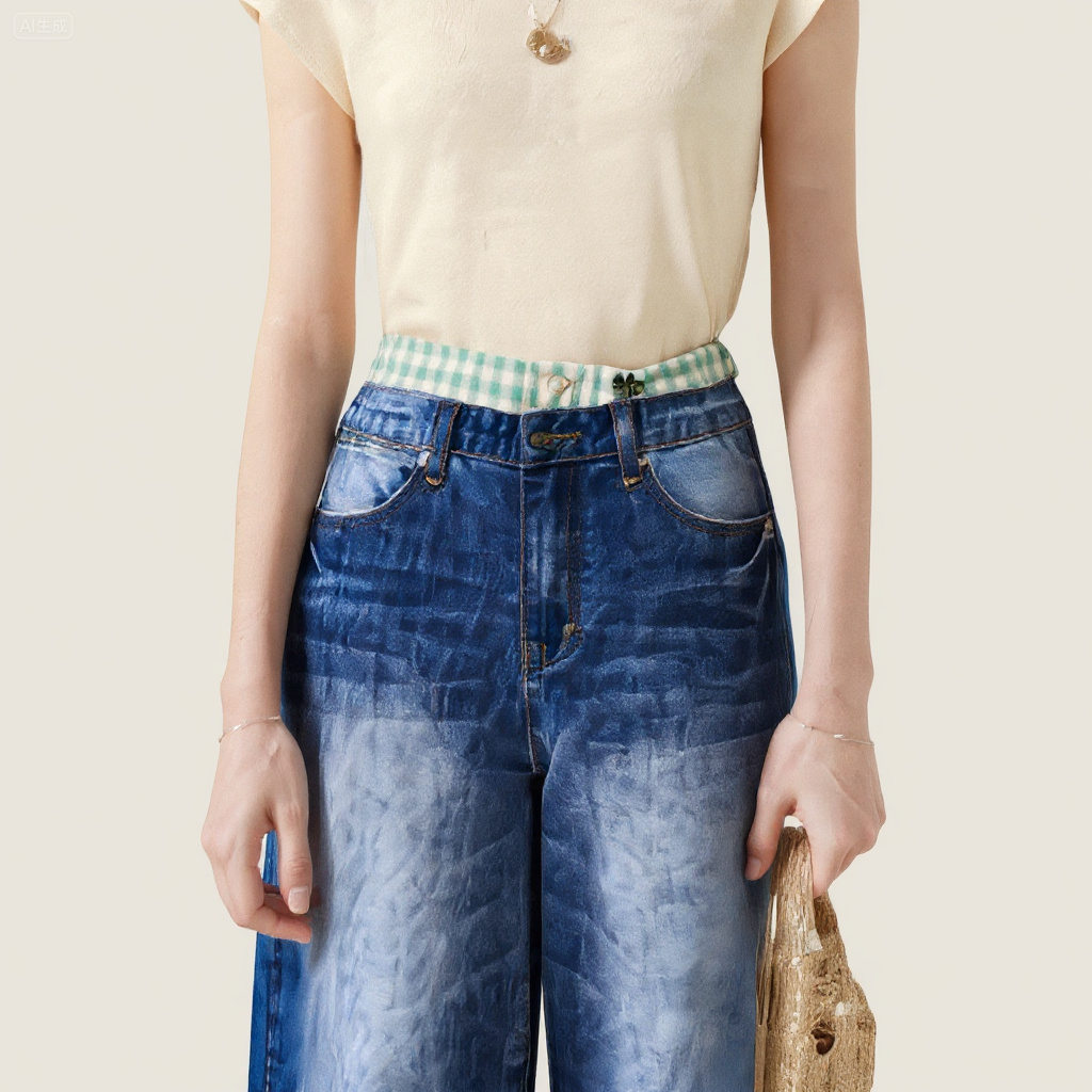 Women's Washed Cropped Pants with Plaid Patchwork Waist Casual Edgy Style A10167