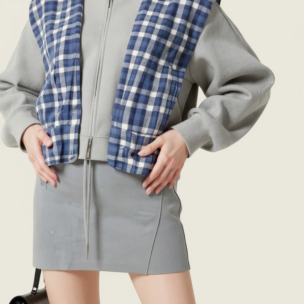 Women's Grey Zip-Up Hoodie with Blue Plaid Panel Trendy Casual Long Sleeve Jacket A10005