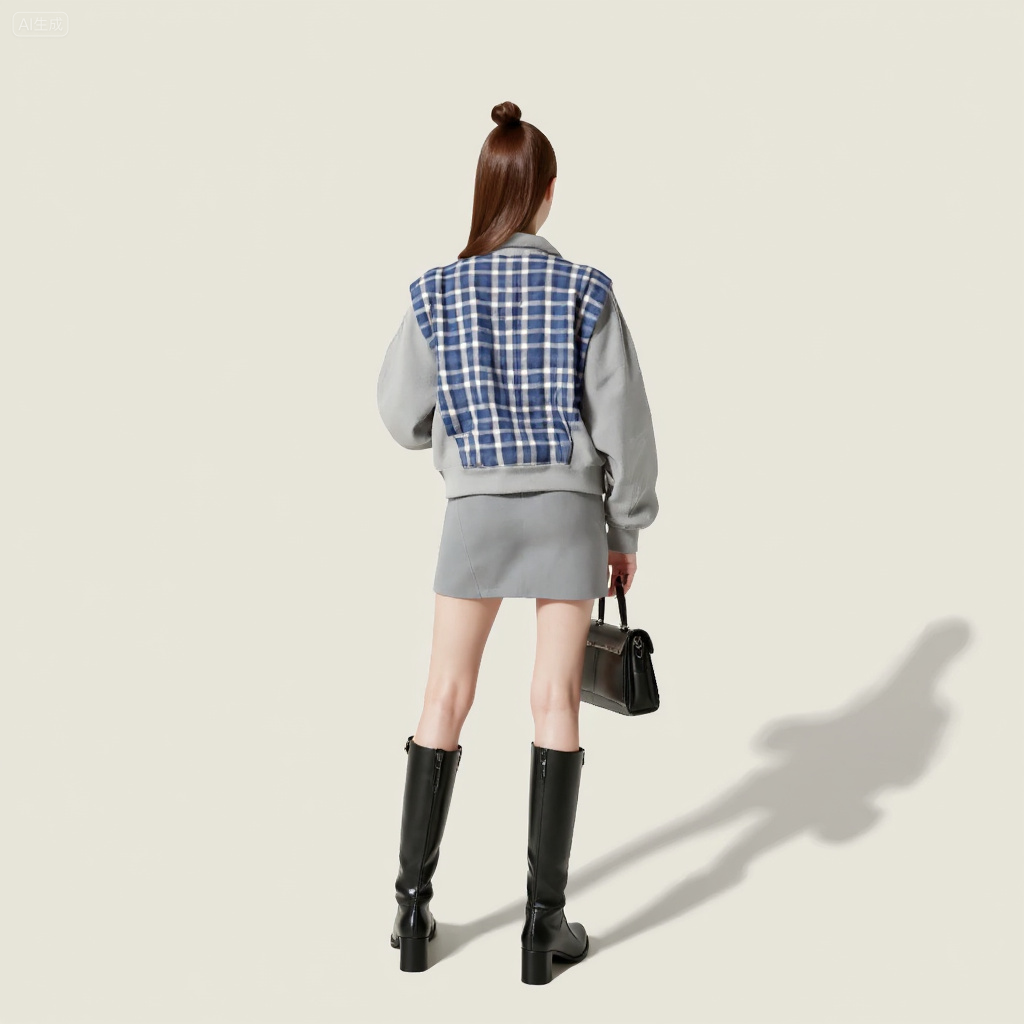 Women's Grey Zip-Up Hoodie with Blue Plaid Panel Trendy Casual Long Sleeve Jacket A10005