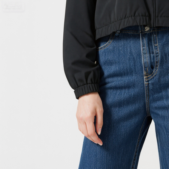 Women's Cropped Windbreaker Hooded Zip-Up Jacket with Contrast Stripe Details A10037