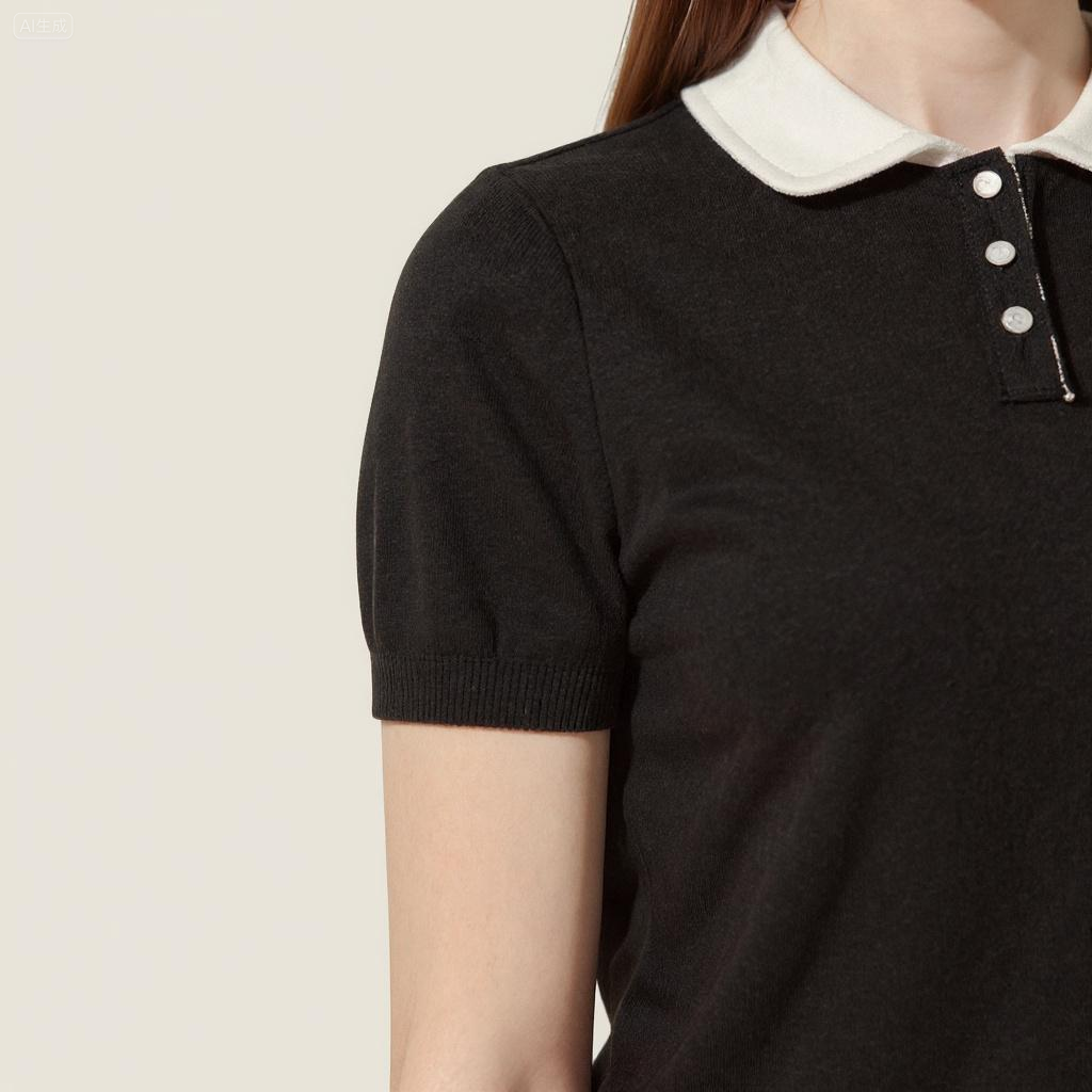Women's Black Cropped Polo Sweater with White Collar and Fox Embroidery-Trendy Casual Knit Top A10049