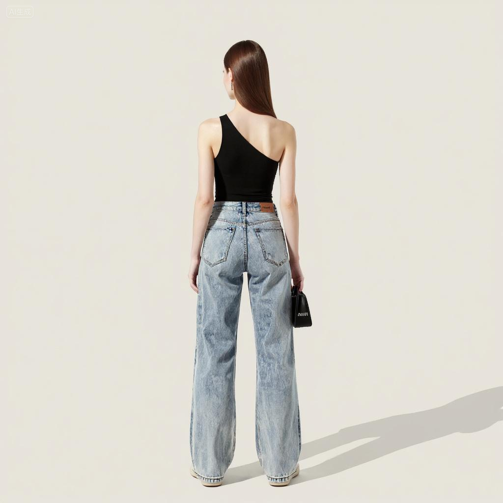 Women's Light Wash Denim Pants with Soft White Elastic Trim A10014