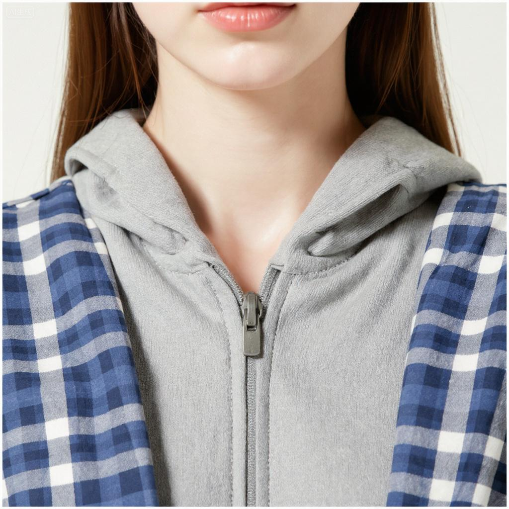 Women's Grey Zip-Up Hoodie with Blue Plaid Panel Trendy Casual Long Sleeve Jacket A10005