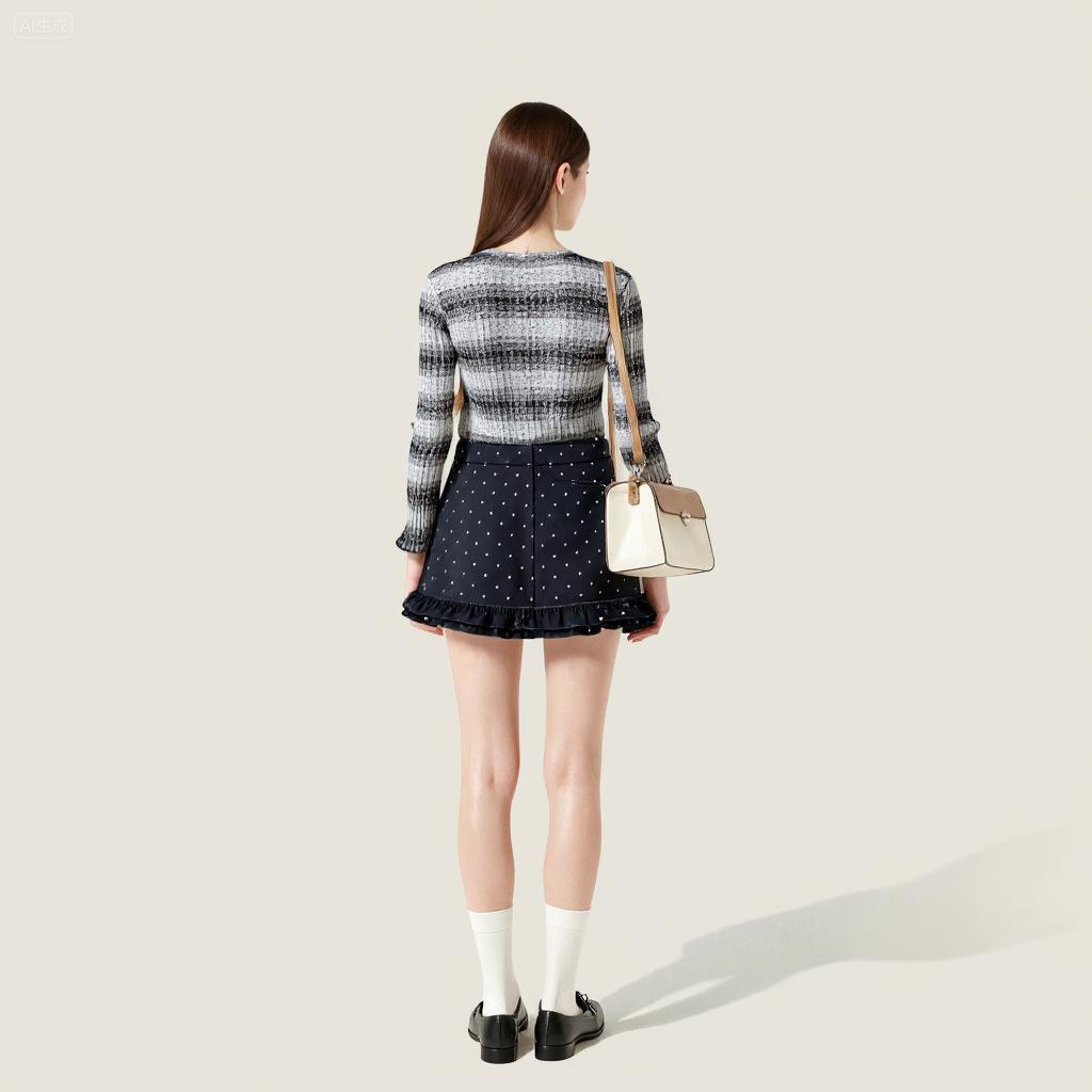 Women's Flower-Trimmed Polka Dot High Waist A Line Mini Skirt A10144