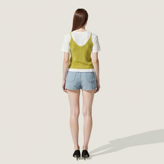 Women's Ribbed Cami Layered with White Short-Sleeve Top Trendy Casual Two-in-One Shirt A10066