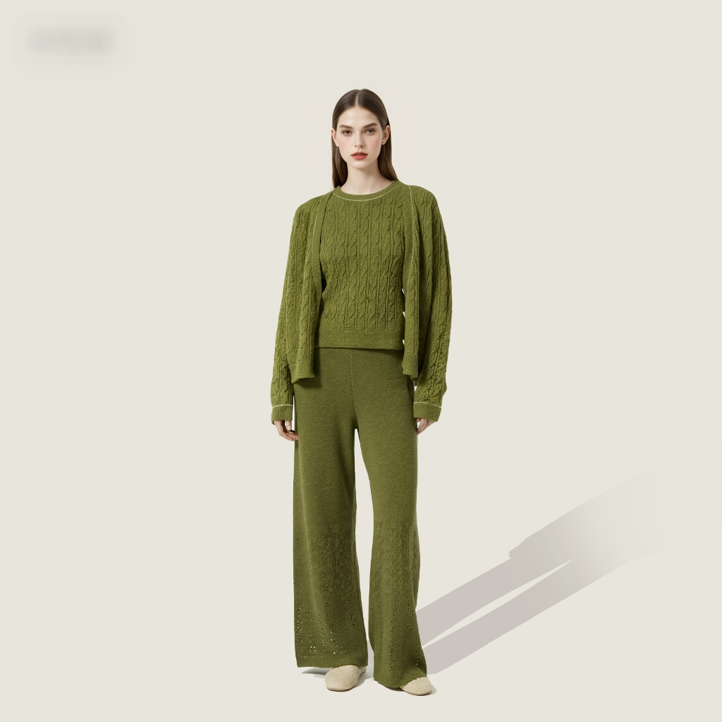 Women's  Soft High-Waisted Knit Wide-Leg Pants with Openwork Details A10309