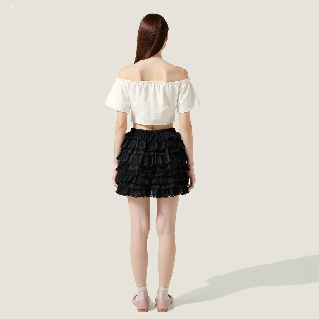 Women's Tiered Ruffle Mini Skirt with Lace Trim Trendy High-Waisted Casual Skirt A10078