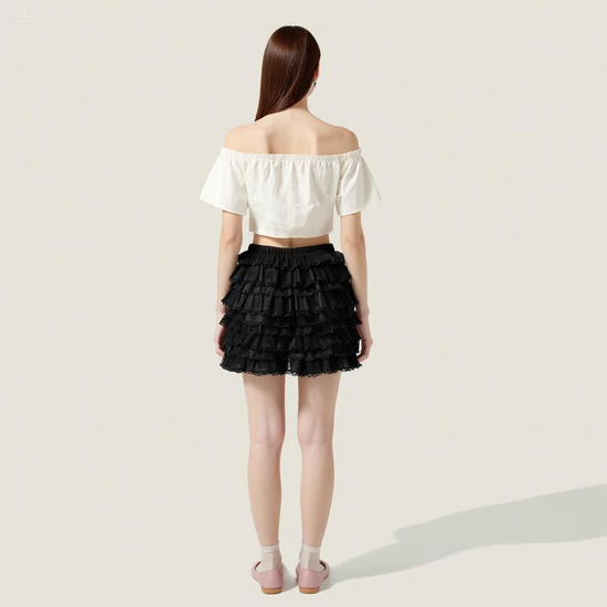 Women's Tiered Ruffle Mini Skirt with Lace Trim Trendy High-Waisted Casual Skirt A10078