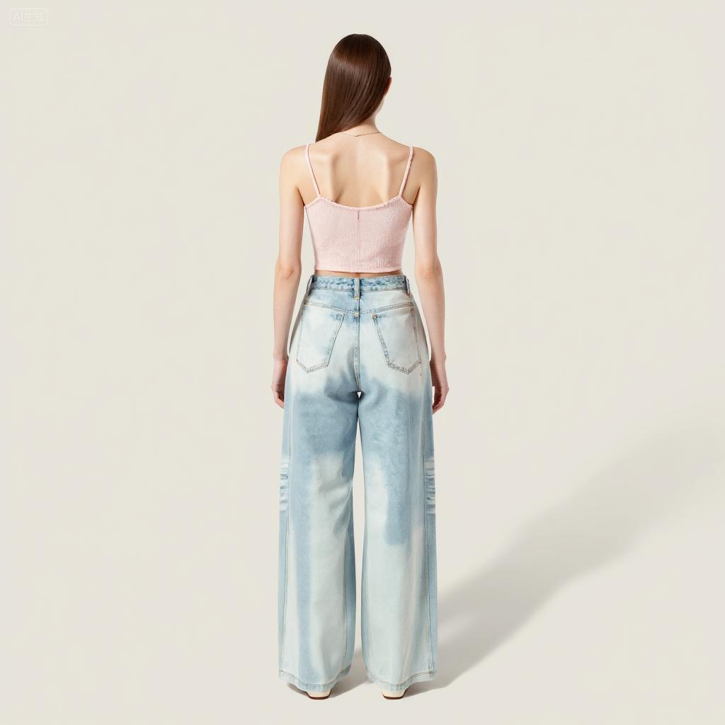 Women's Loose Wide Leg Denim Jeans with Back Embroidery A10039