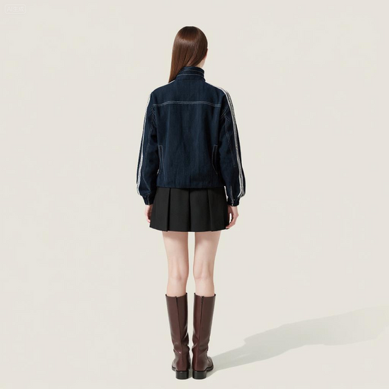 Women's Zip-Front Denim Jacket with Striped Sleeves Trendy Casual Bomber Jacket A10067