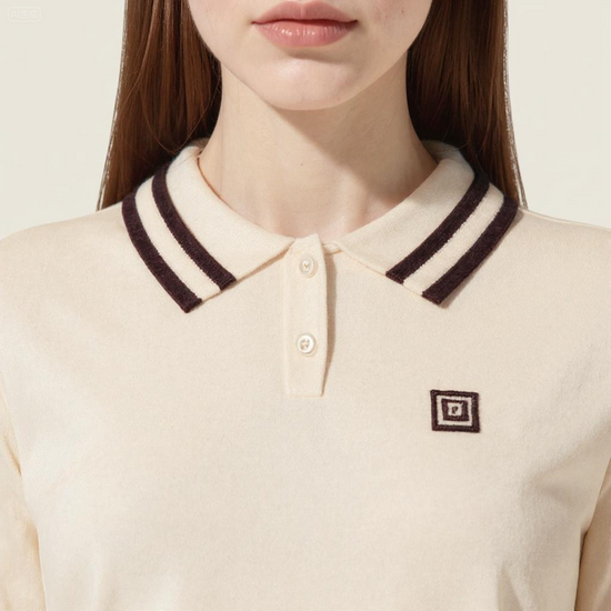 Women's Cropped Polo Sweater with Striped Collar and Cuffs-Trendy Preppy Style Knit Top A10047
